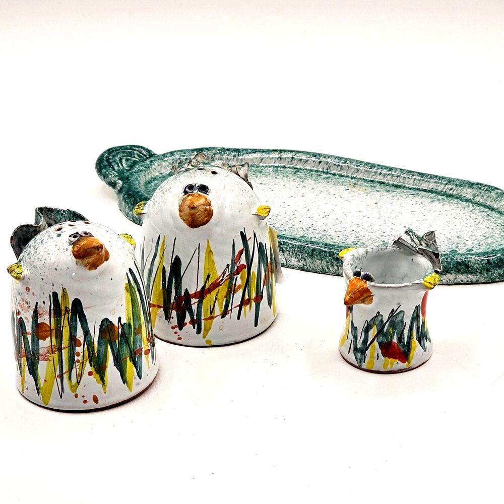 Hand Painted Pottery Bird Salt Pepper Shakers With Caddy Vintage Folk Art Set